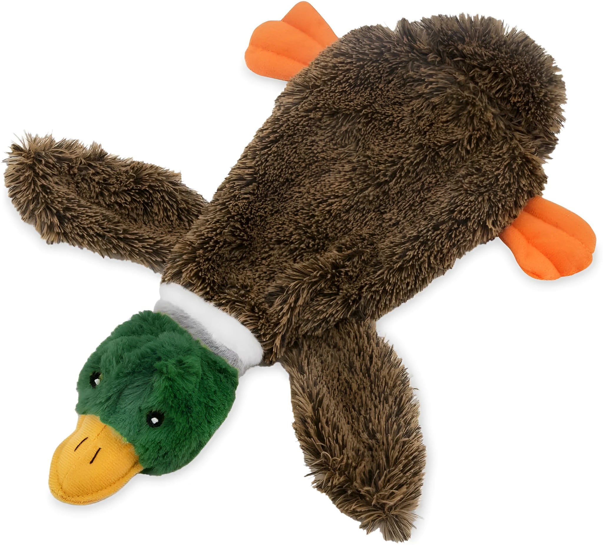 Green wild duck design stuffless dog toy with two squeakers and bottle insert cavity.