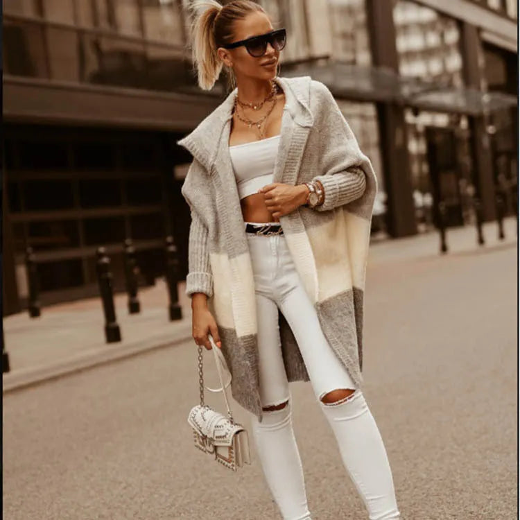 Colour matching hooded knit cardigan coat for women, long sleeve, thick cashmere blend, loose fit, pink and gray