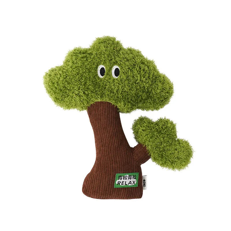 Green pine tree shaped fabric cat toy bag with hanging loop.