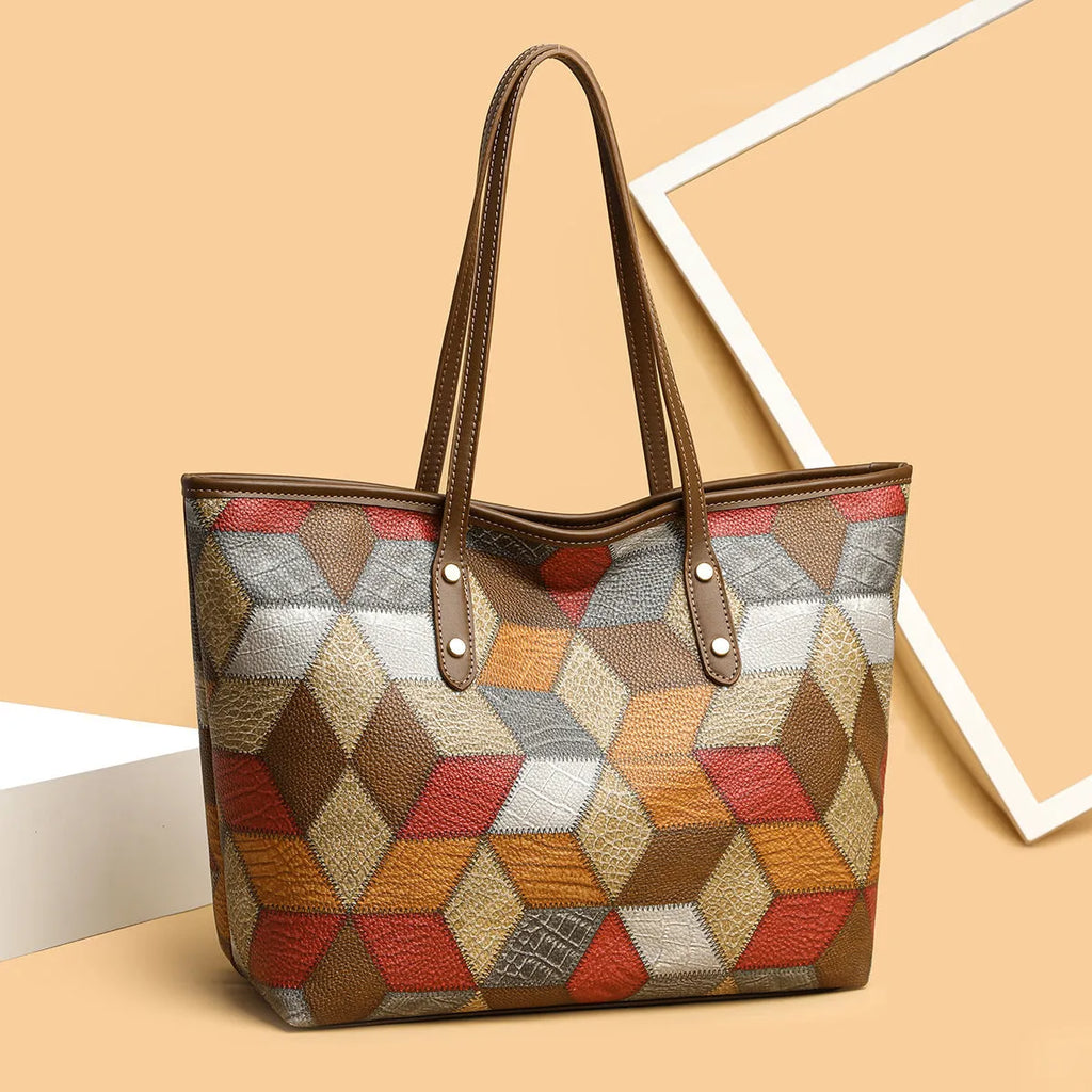 Women's blue brown PVC shoulder handbag with large capacity and outer sandwich pocket