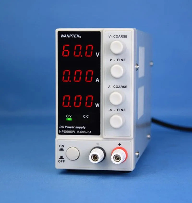 White adjustable benchtop DC power supply unit with digital displays for voltage and current.