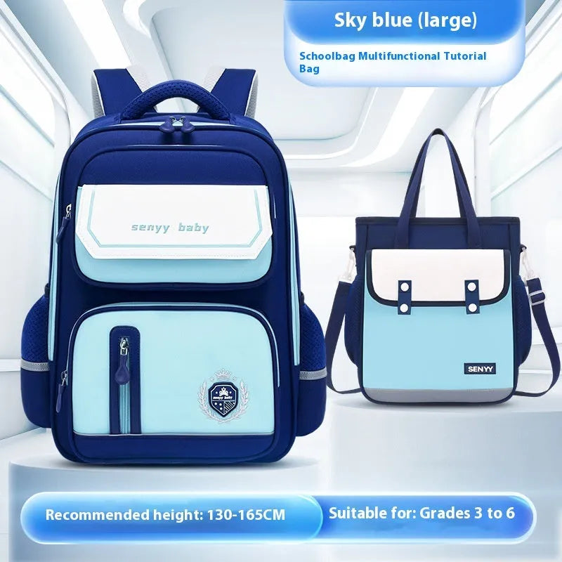 Children's spine protector backpack in blue, made of water-repellent Oxford cloth, size 38x30x15cm