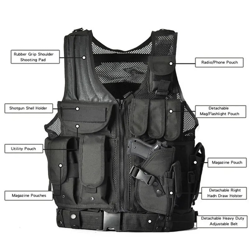 Men's nylon camouflage tactical vest with adjustable shoulder and waist buckles, one size 50x60cm