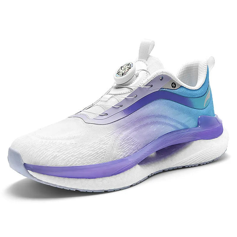 Men's high-top running shoes with mesh upper in cotton candy colour showing buckle closure and composite sole