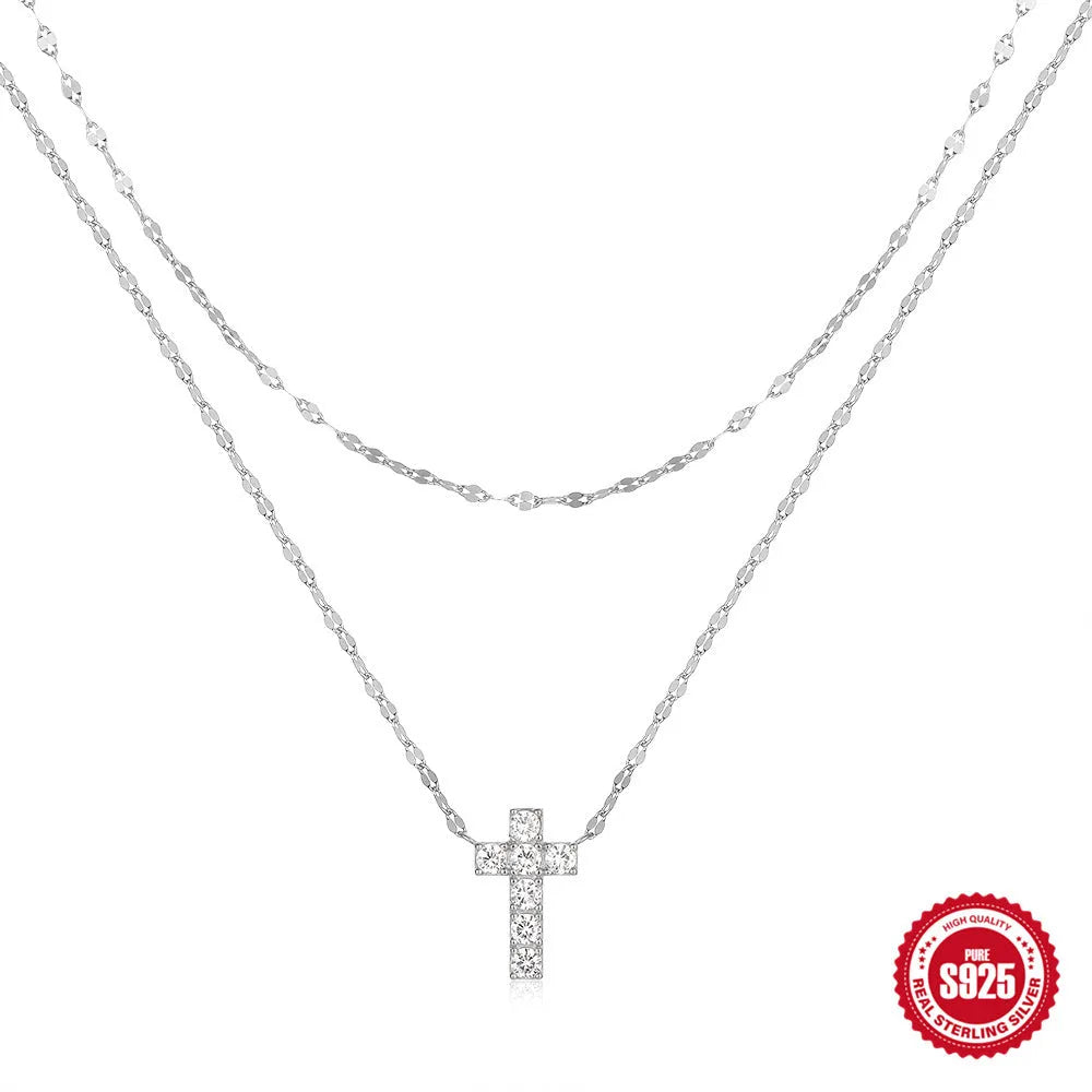 S925 sterling silver double-layer cross pendant with twin diamonds on delicate clavicle chain in gold colour