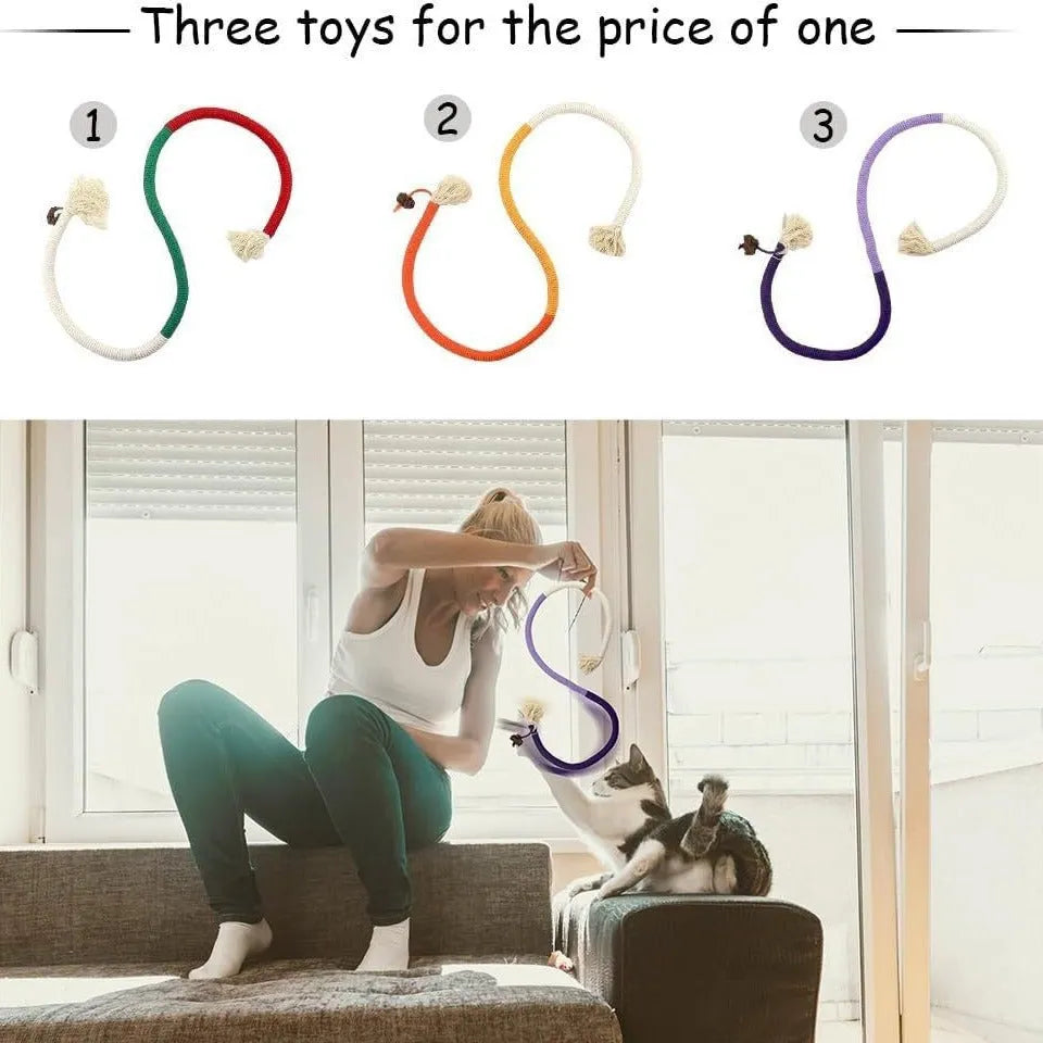 70cm long cotton string cat biting rope toy with catnip, shown in purple, orange, and red with green colour options.