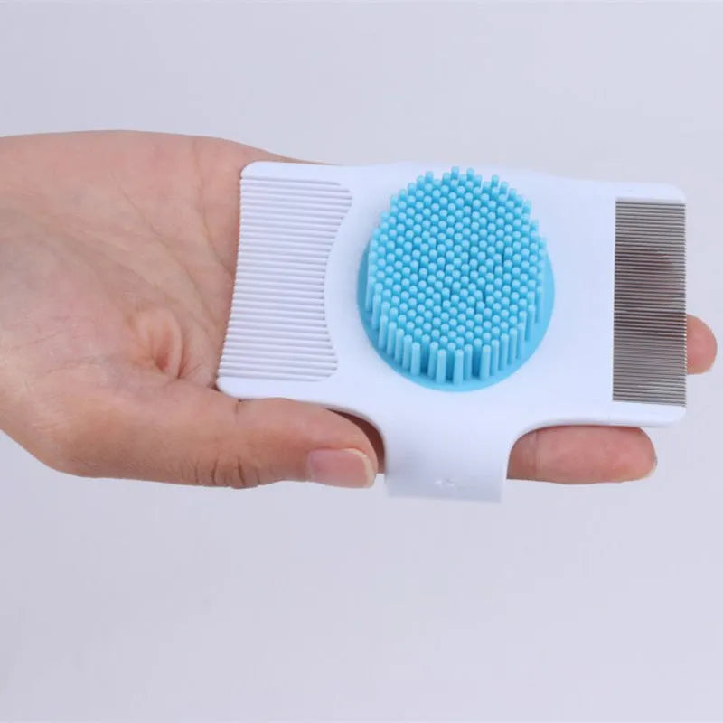 Blue plastic pet grooming comb with hair removal teeth and massage points