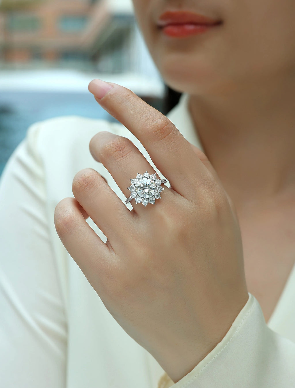 Sunflower wedding ring set with 3-carat moissanite centre stone in platinum-plated S925 silver band, gift box and GRA certificate