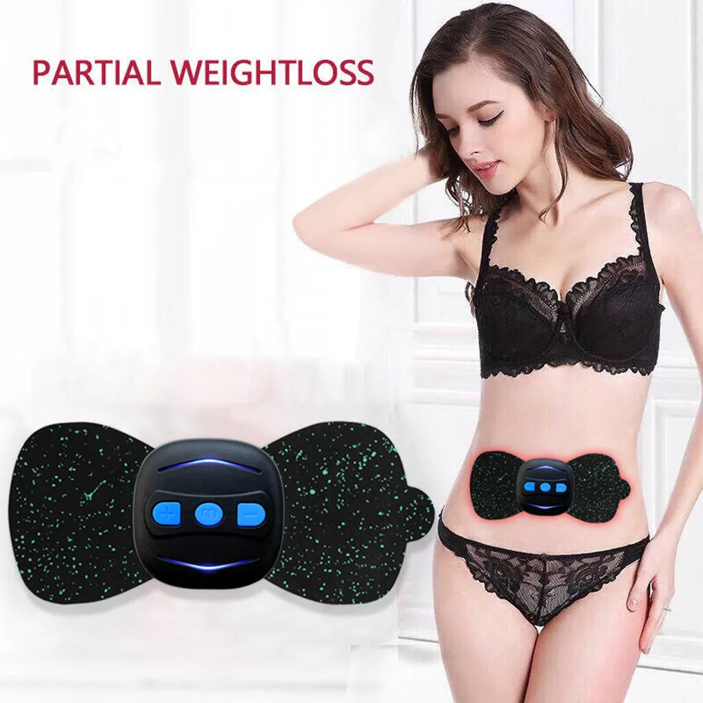 Portable mini neck massager in black with USB cable and single massage patch