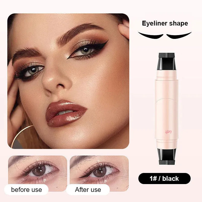 All-in-one makeup eyeliner stamp pen in brown and black with dual-tip design for precise liquid eyeliner application
