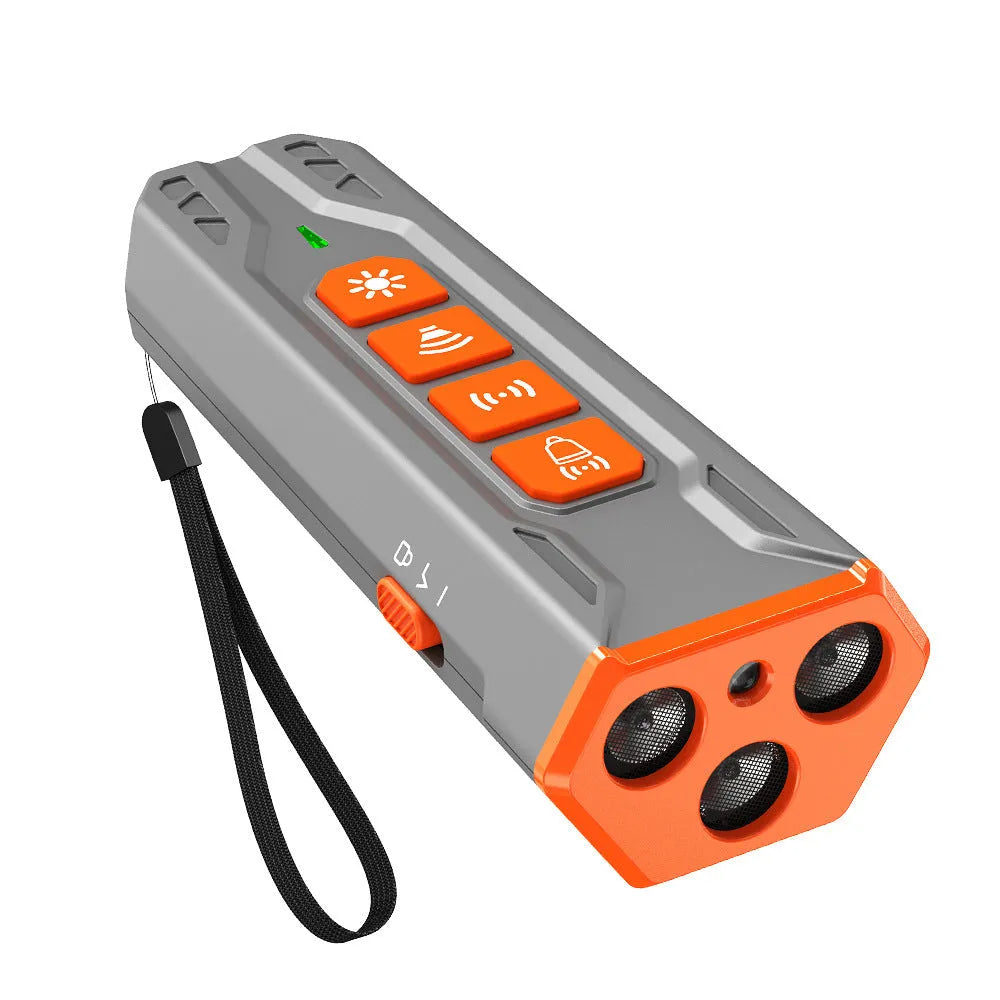 Three-headed ultrasonic dog trainer in grey and orange colour scheme.