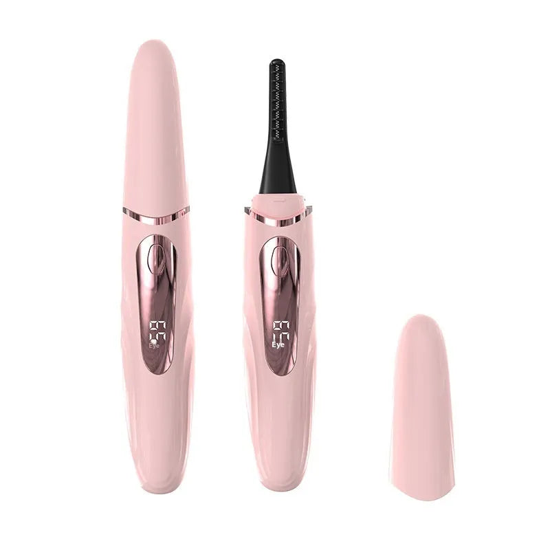 Intelligent digital display electric eyelash curler in black with tooth-comb style head, USB rechargeable