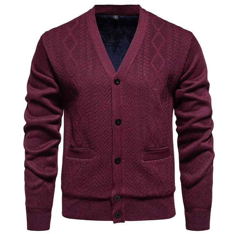 Man wearing a striped cardigan sweater with long sleeves and a wool lining.