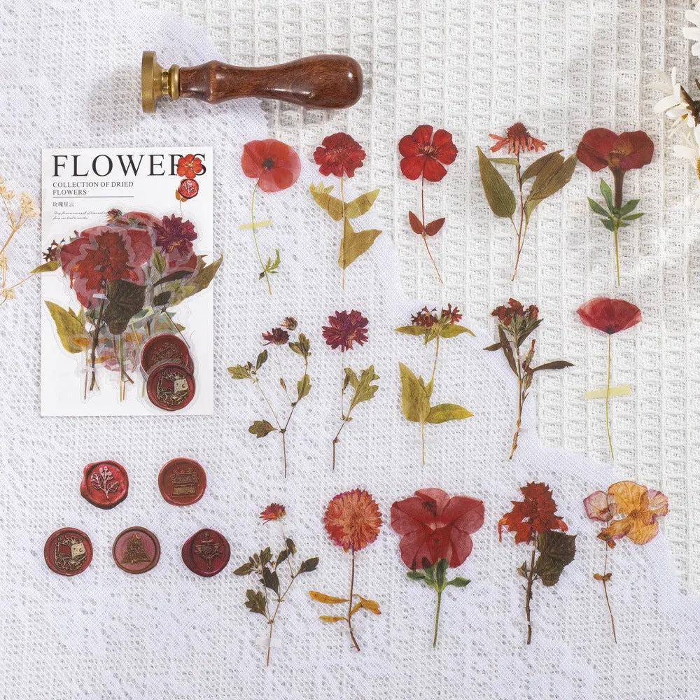 Dried flower journal sticker set with 40 PET sheets in 8 styles including rose nebula and starry night blue designs