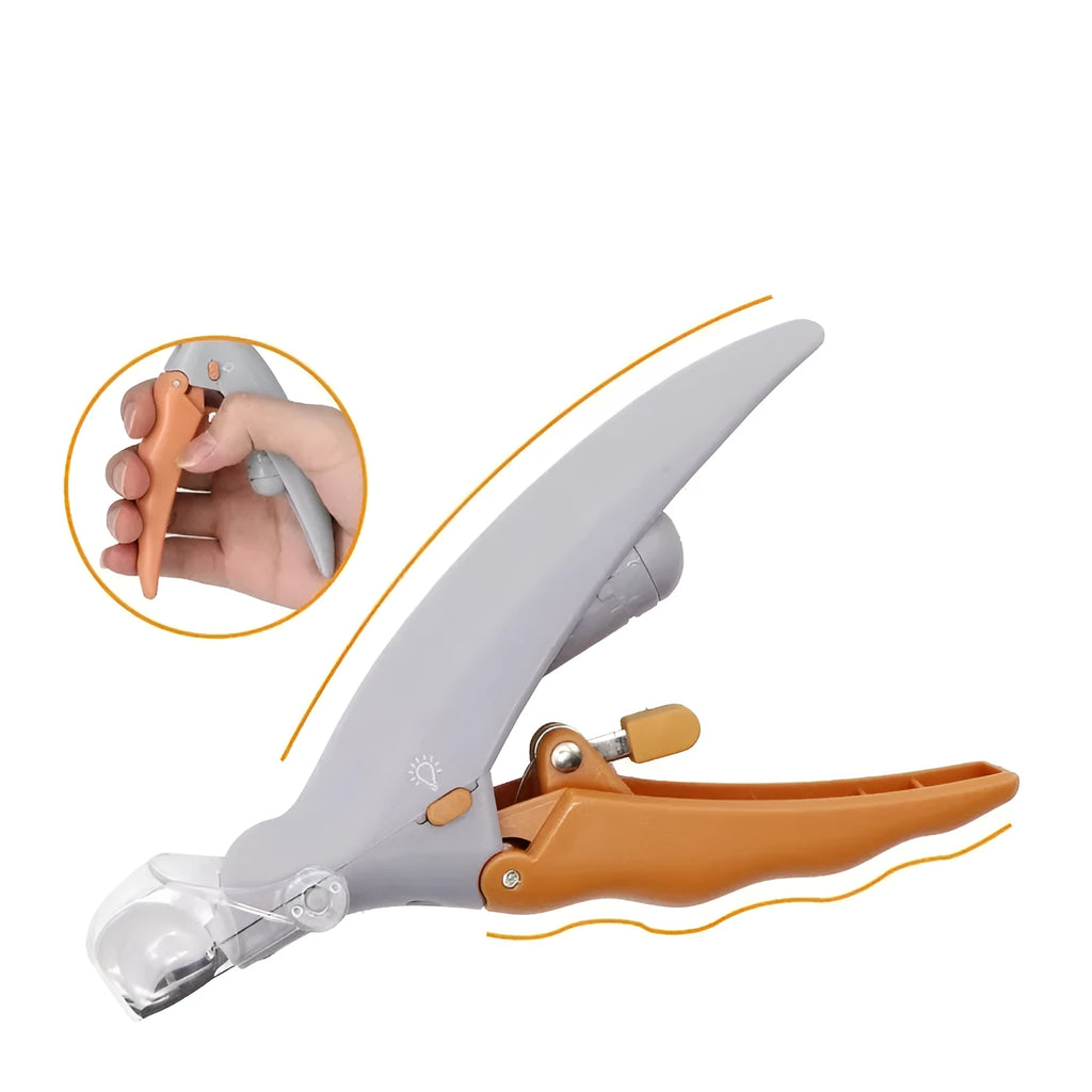 Yellow pet nail clipper with LED light and magnifying lens for dogs and cats