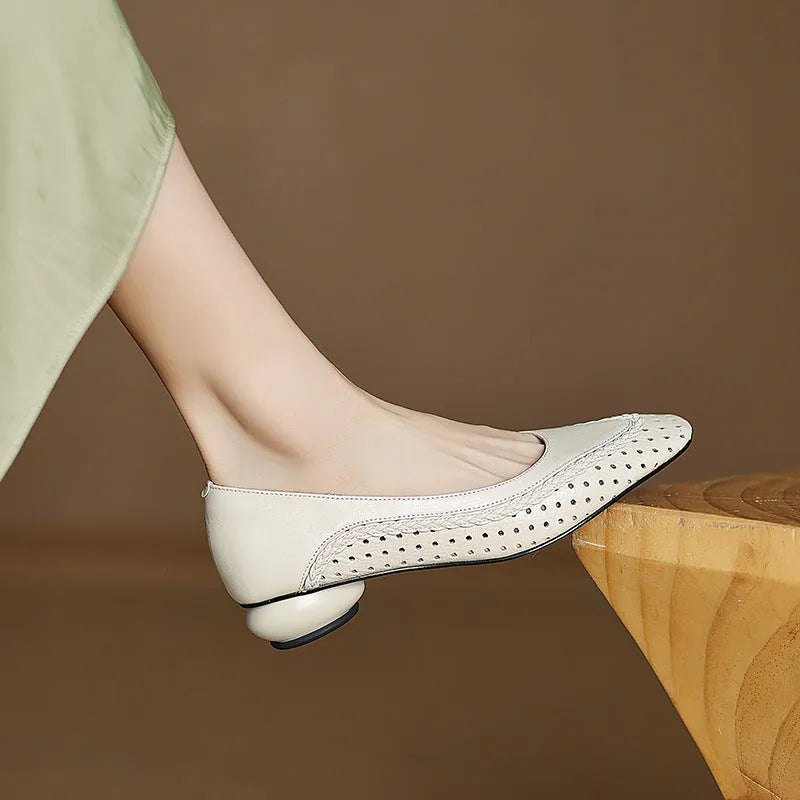 Women's shallow mouth hollow-out round toe mid heel sandals in beige goat skin with beef tendon sole