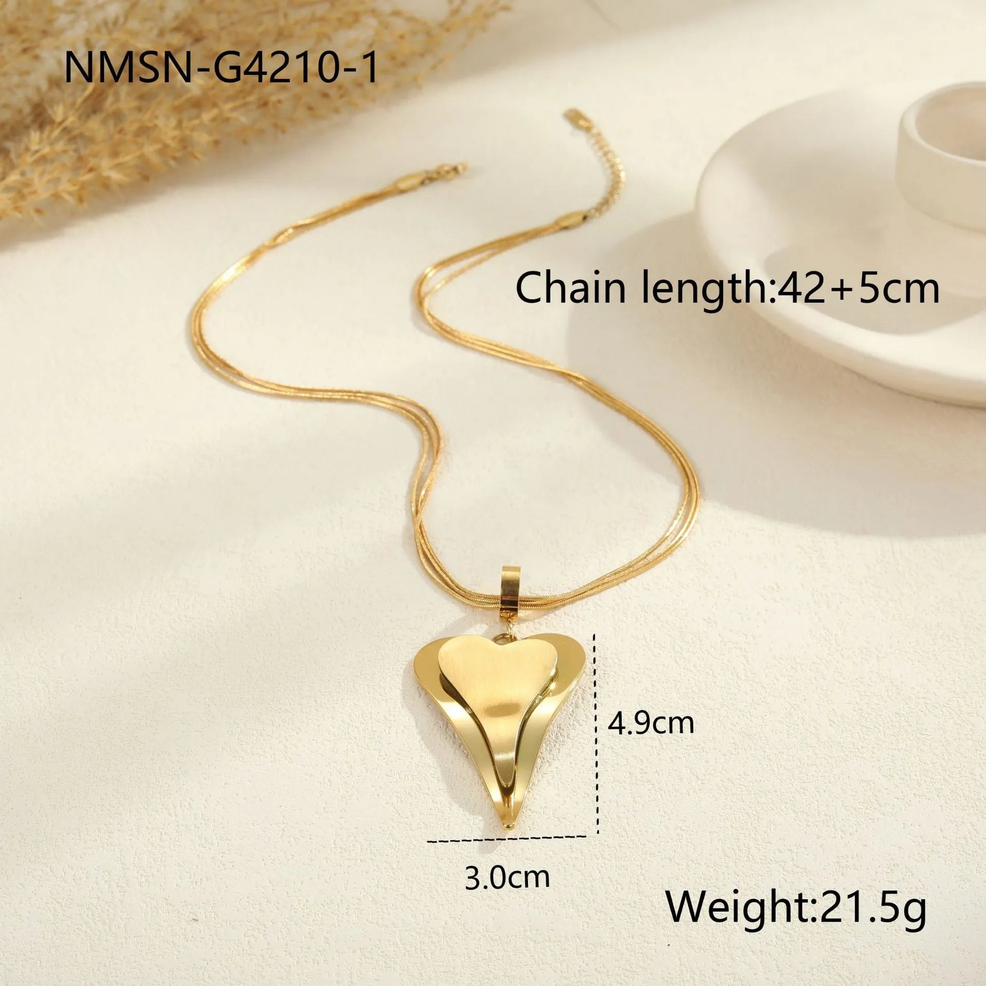 Women's stainless steel necklace with geometric double heart snake bones pendant in gold or steel finish