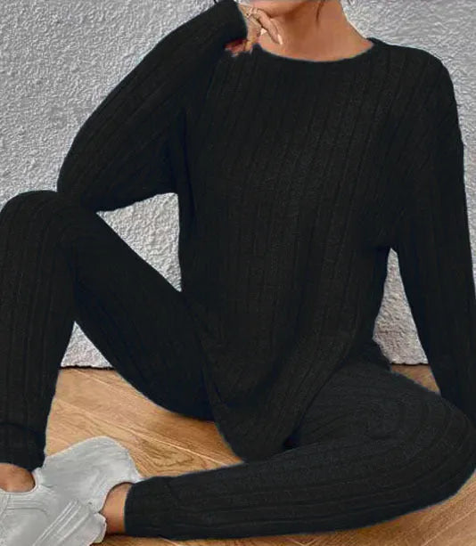 Women's black sunken stripe pattern long sleeve top and trousers two-piece loungewear set