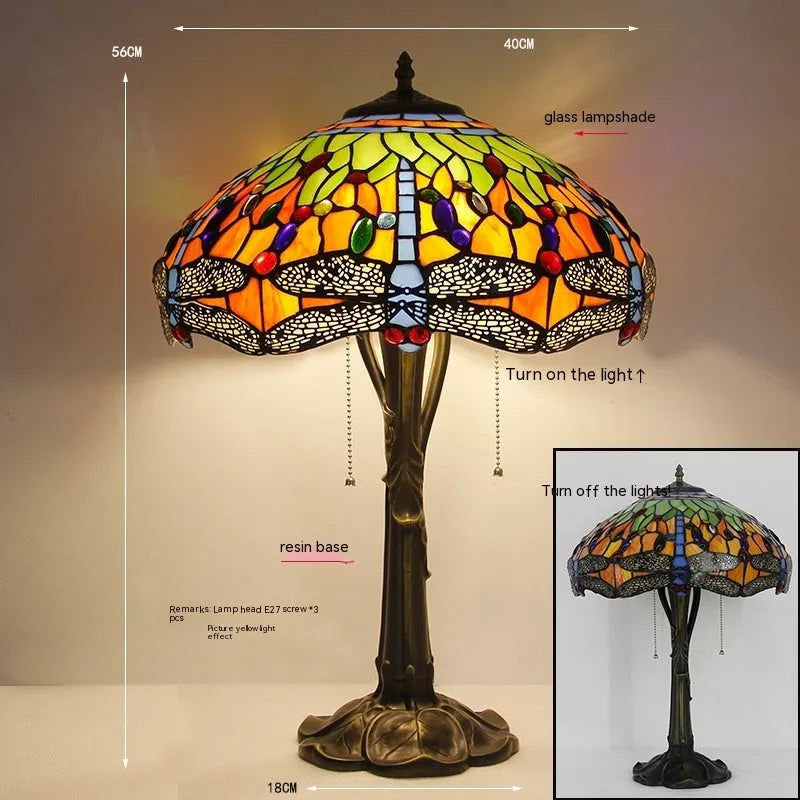 Tiffany dragonfly stone table lamp with retro European design and coloured glass shade