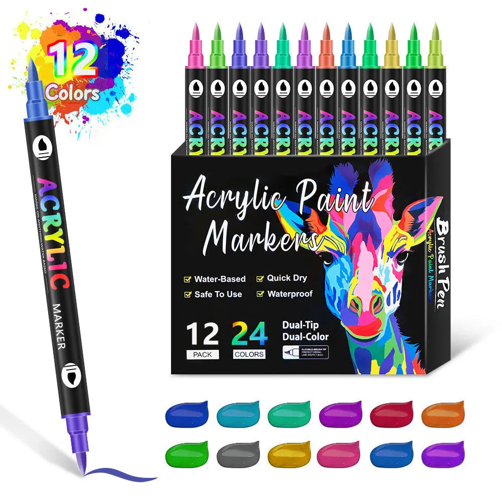 Double-headed acrylic marker pen set showing washable opaque colours in multiple pack size options
