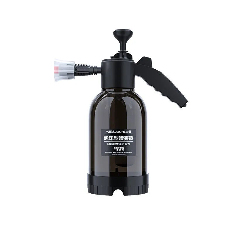 Black hand-held foam sprayer with 2L capacity, ergonomic handle, and switch lock for gardening and car washing.