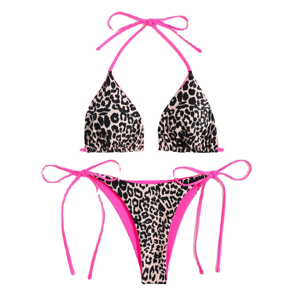 Women's triangle bikini top with back lace-up ties and split-side briefs in polyester fabric