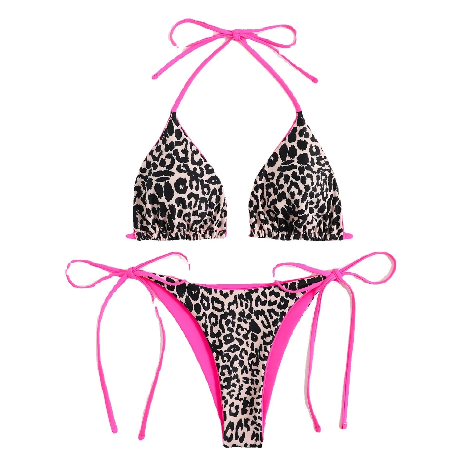 Women's triangle bikini top with back lace-up ties and split-side briefs in polyester fabric