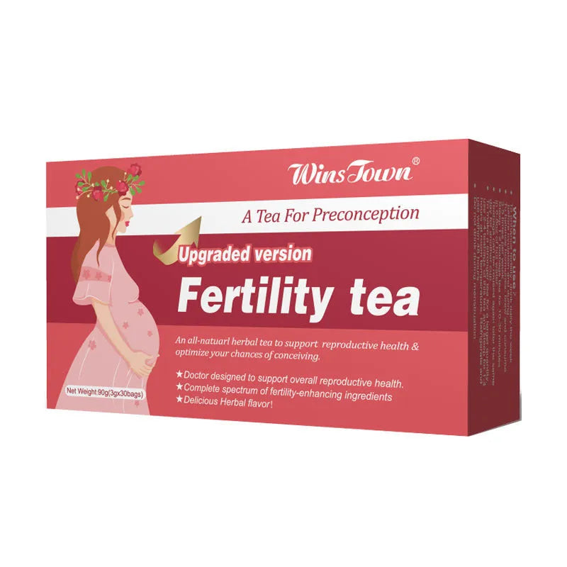Box of fertility tea containing 3 packs of 30 herbal tea bags each for reproductive support