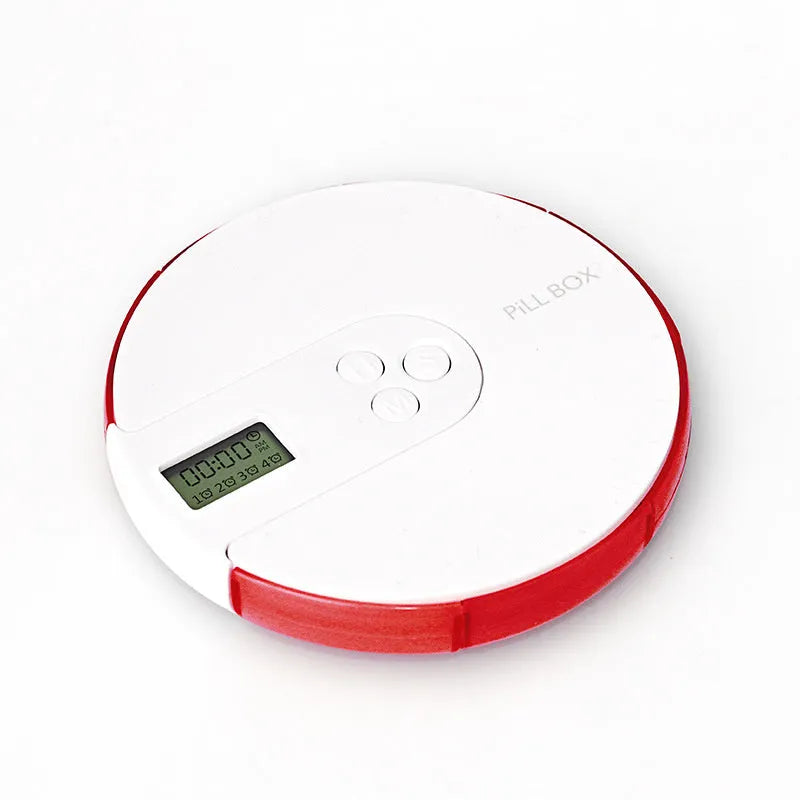 Blue 7-compartment alarm clock pill dispenser showing digital display and separate pill slots.