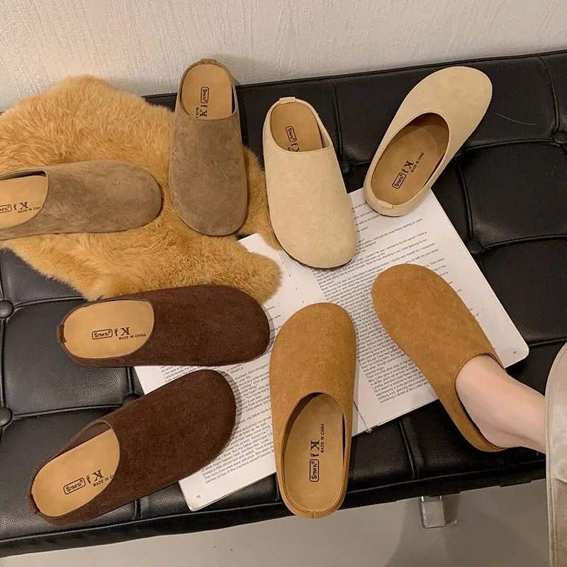 Korean style square toe slip-on slippers in apricot microfibre with a flat PU sole