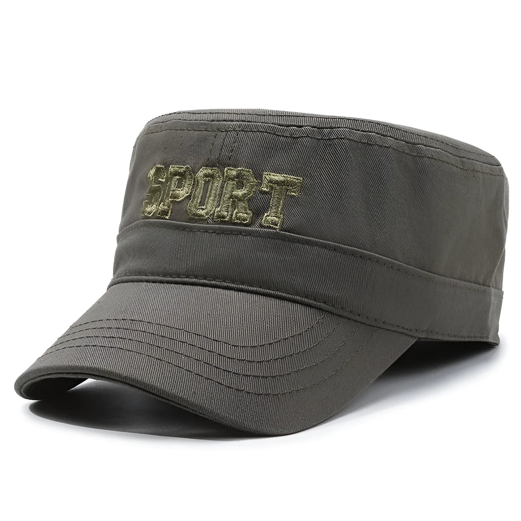 Men's adjustable flat-top cotton peaked cap in army green with an English letter print on the front.