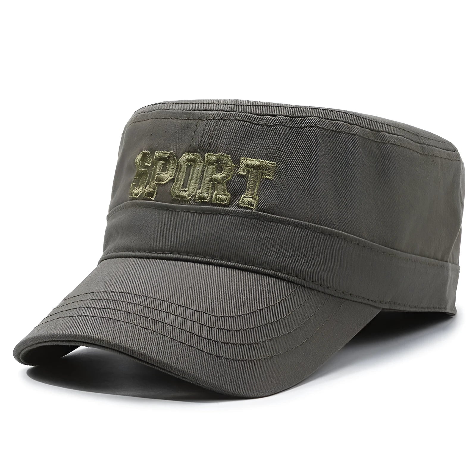 Men's adjustable flat-top cotton peaked cap in army green with an English letter print on the front.