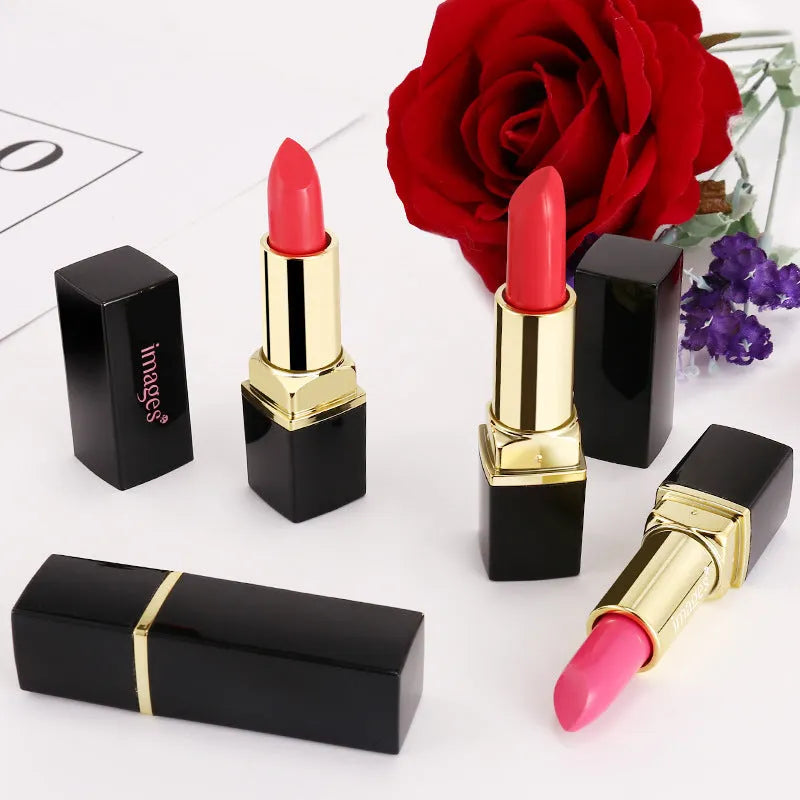 3.8g moisturising lipstick lip gloss in ten colours including coral red, bright orange, and rose purple.
