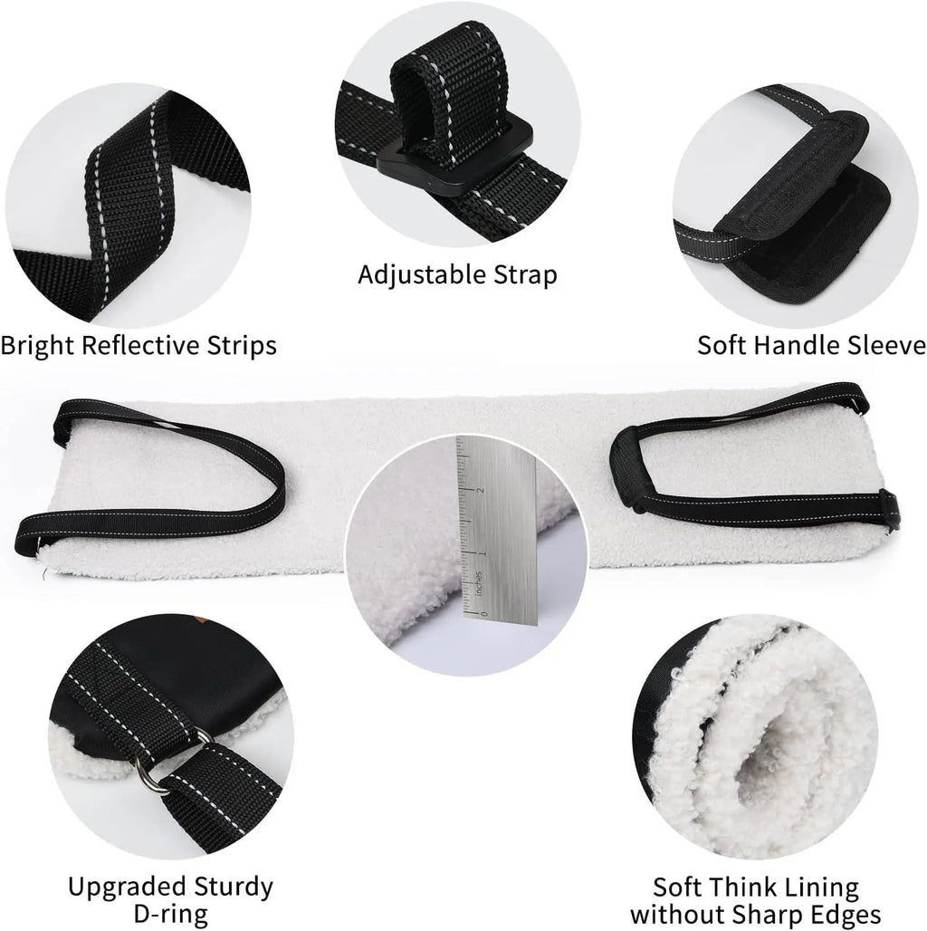 Adjustable dog sling with padded liner supporting a dog's hindquarters, showing reflective straps and a handle.