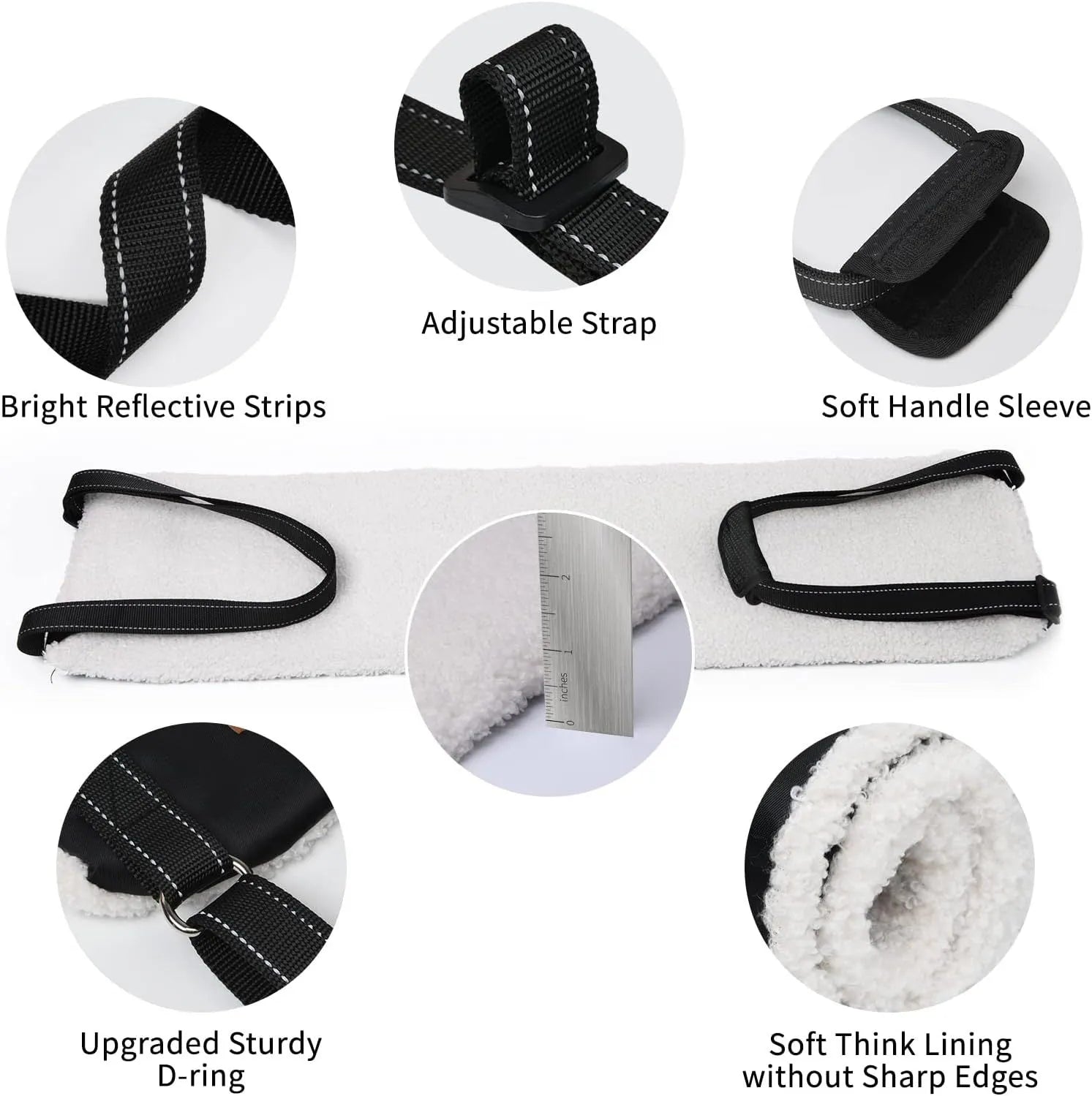 Adjustable dog sling with padded liner supporting a dog's hindquarters, showing reflective straps and a handle.