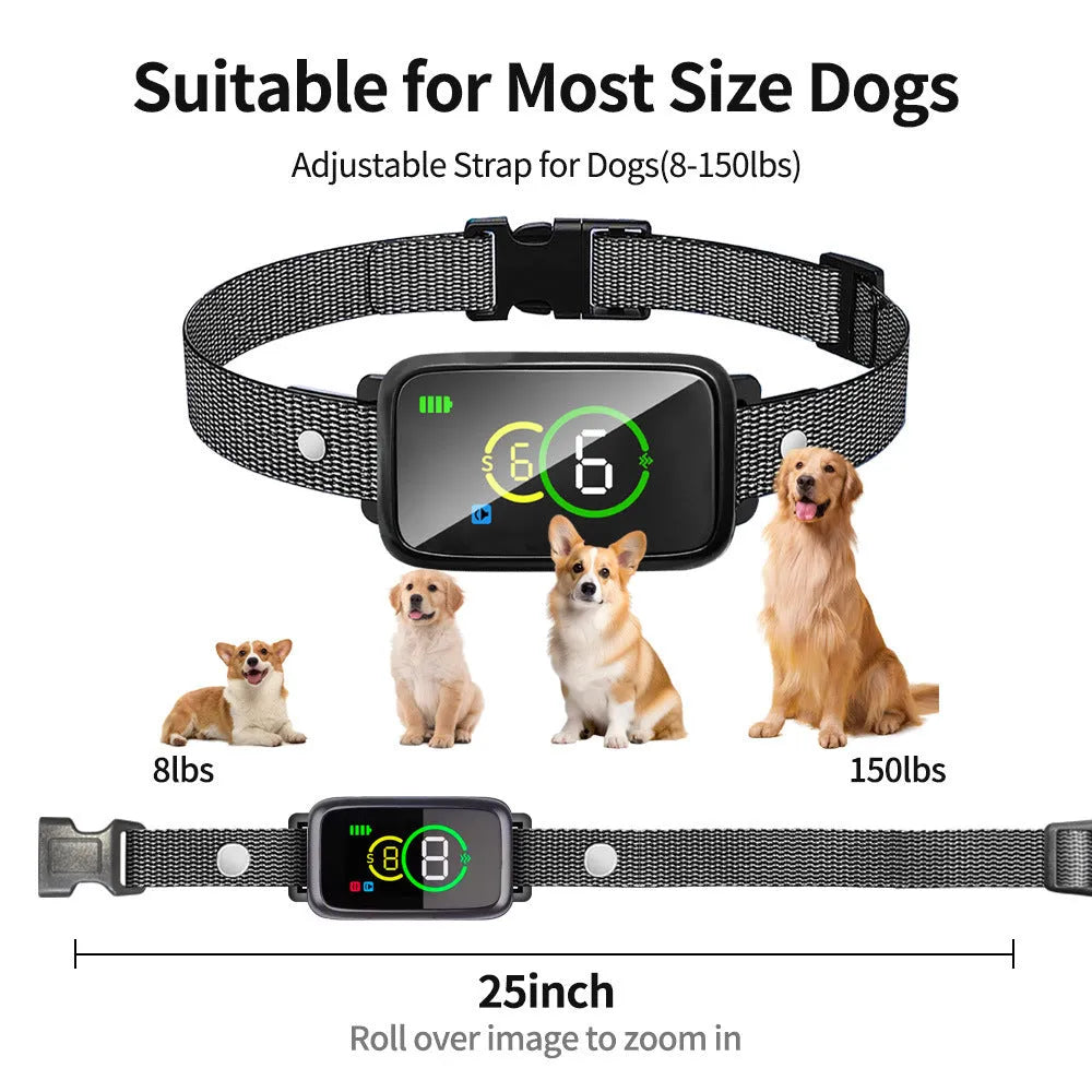 Black ABS bark-stop collar with colour screen and magnetic USB charging port