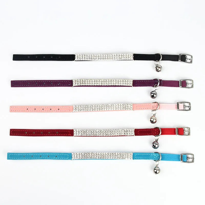 Velvet cat collar with rhinestones in adjustable 20-30cm length showing colour options