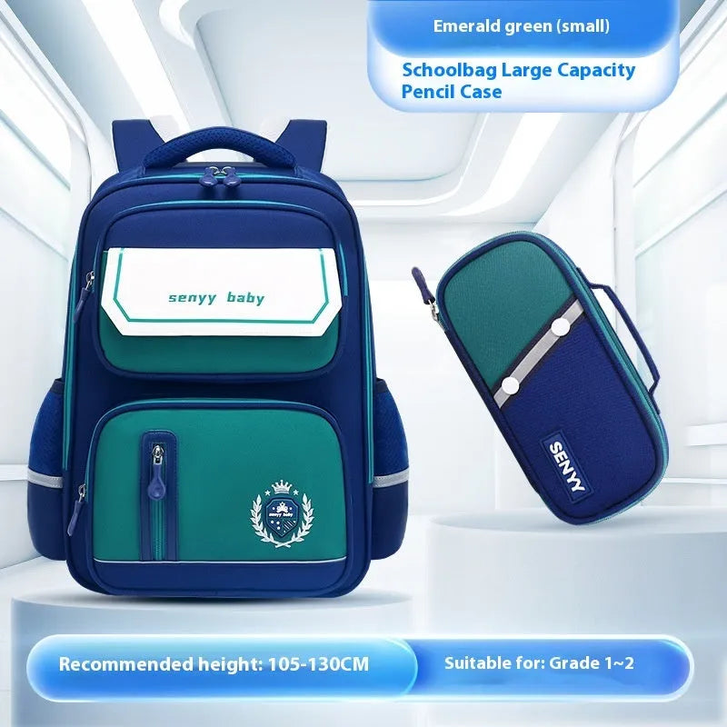 Children's spine protector backpack in blue, made of water-repellent Oxford cloth, size 38x30x15cm
