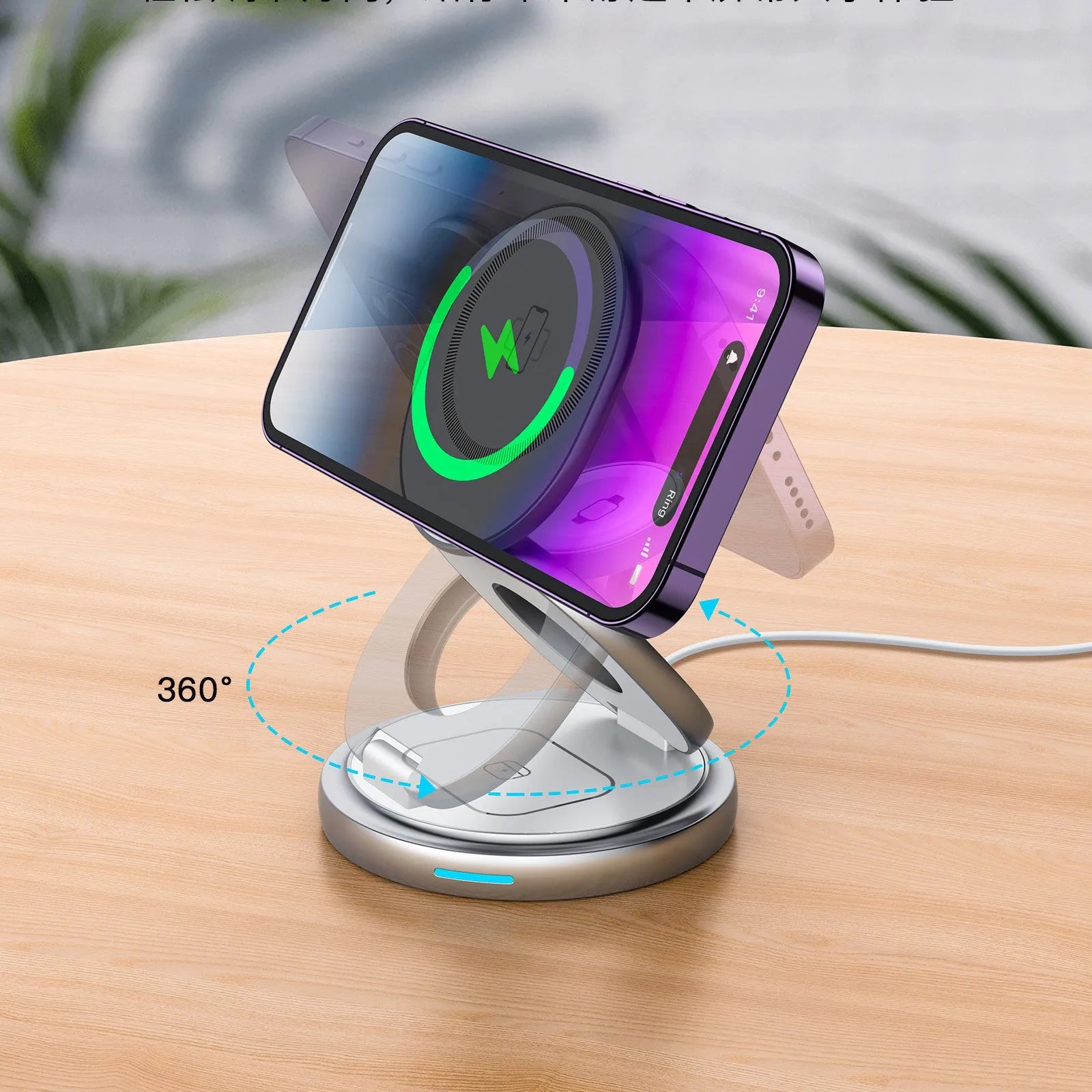3-in-1 wireless charger magnetic folding stand in grey with phone and headphones charging on a desk
