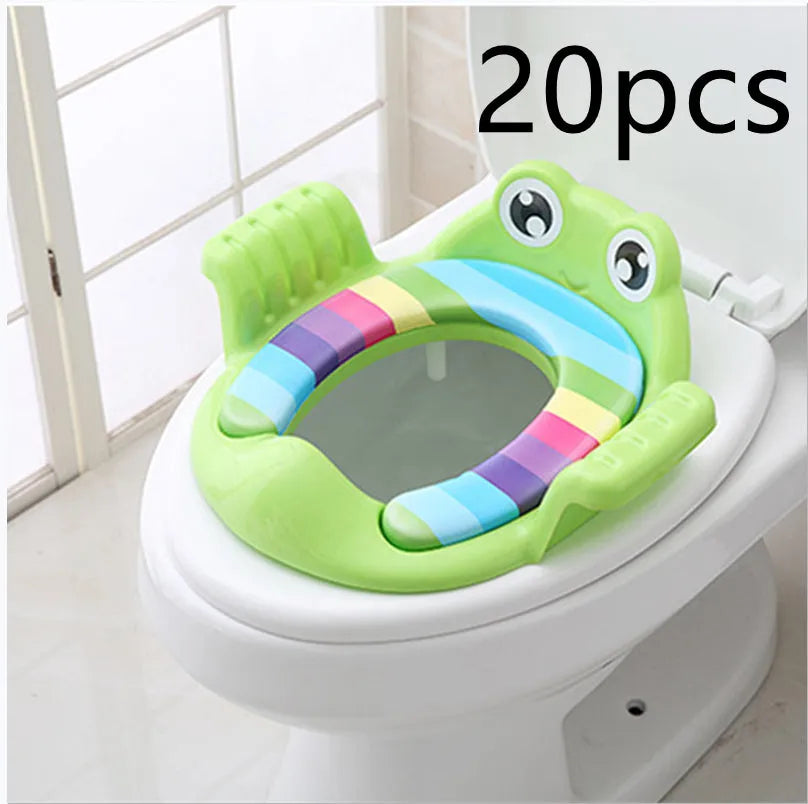 Pink baby toilet seat with adjustable non-slip pads for toddlers aged 1-6 years on a toilet bowl
