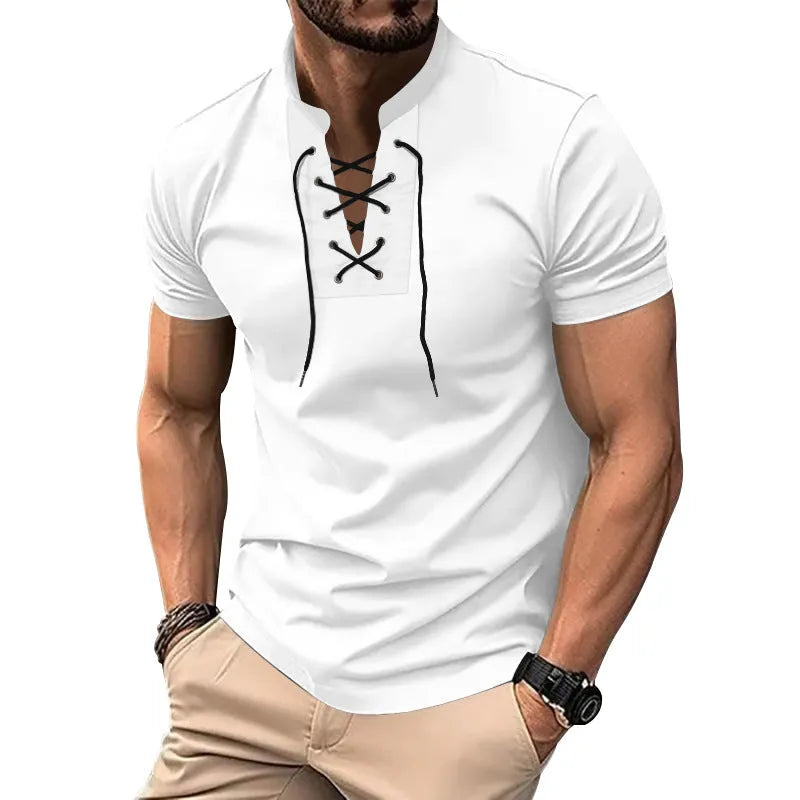 Men's V-neck V-tie casual summer top in solid colour, short sleeve, loose fit, polyester