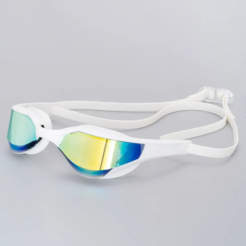 Adult swimming goggles with anti-fog HD lenses and a black silicone seal, shown with a plastic mirror case.