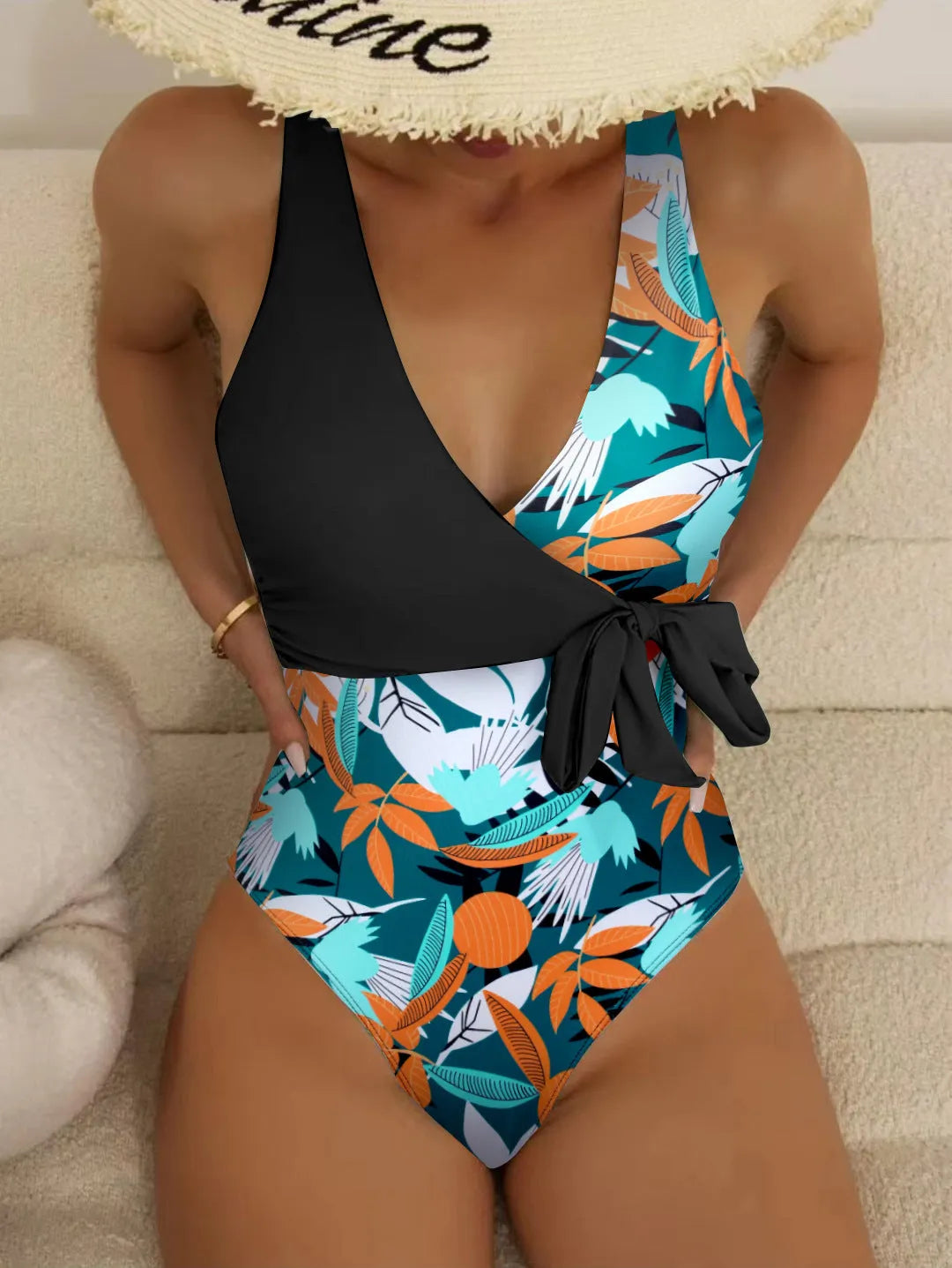 Women's high waist one-piece swimsuit in printed black or white pattern with conservative styling