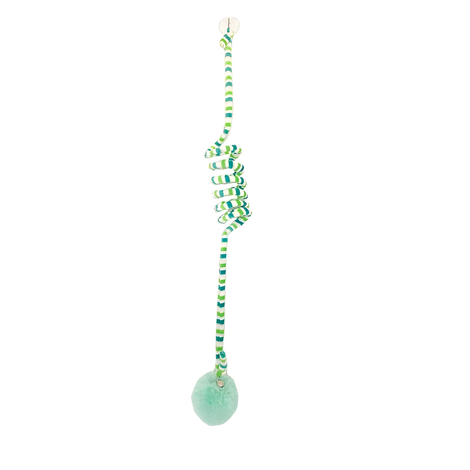 Spring cat toy with bell stick and inflatable ball hanging from door with suction cup