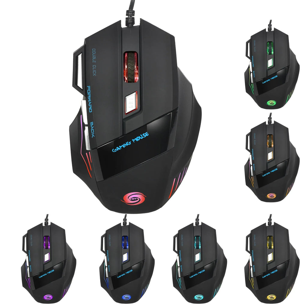 Glow wired optical gaming mouse with seven buttons and colourful LED lighting in black
