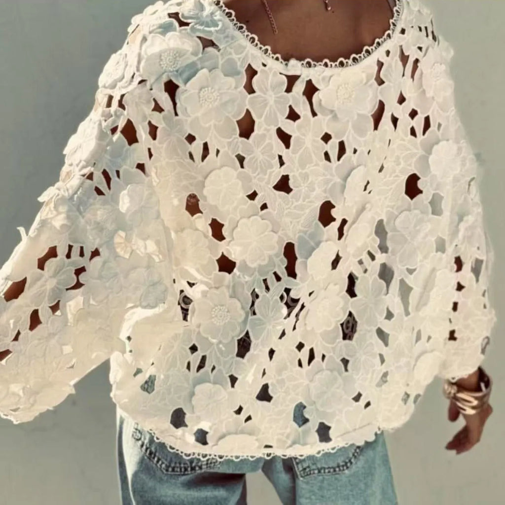 Women's loose V-neck cardigan with three-dimensional lace flower decoration in solid colour