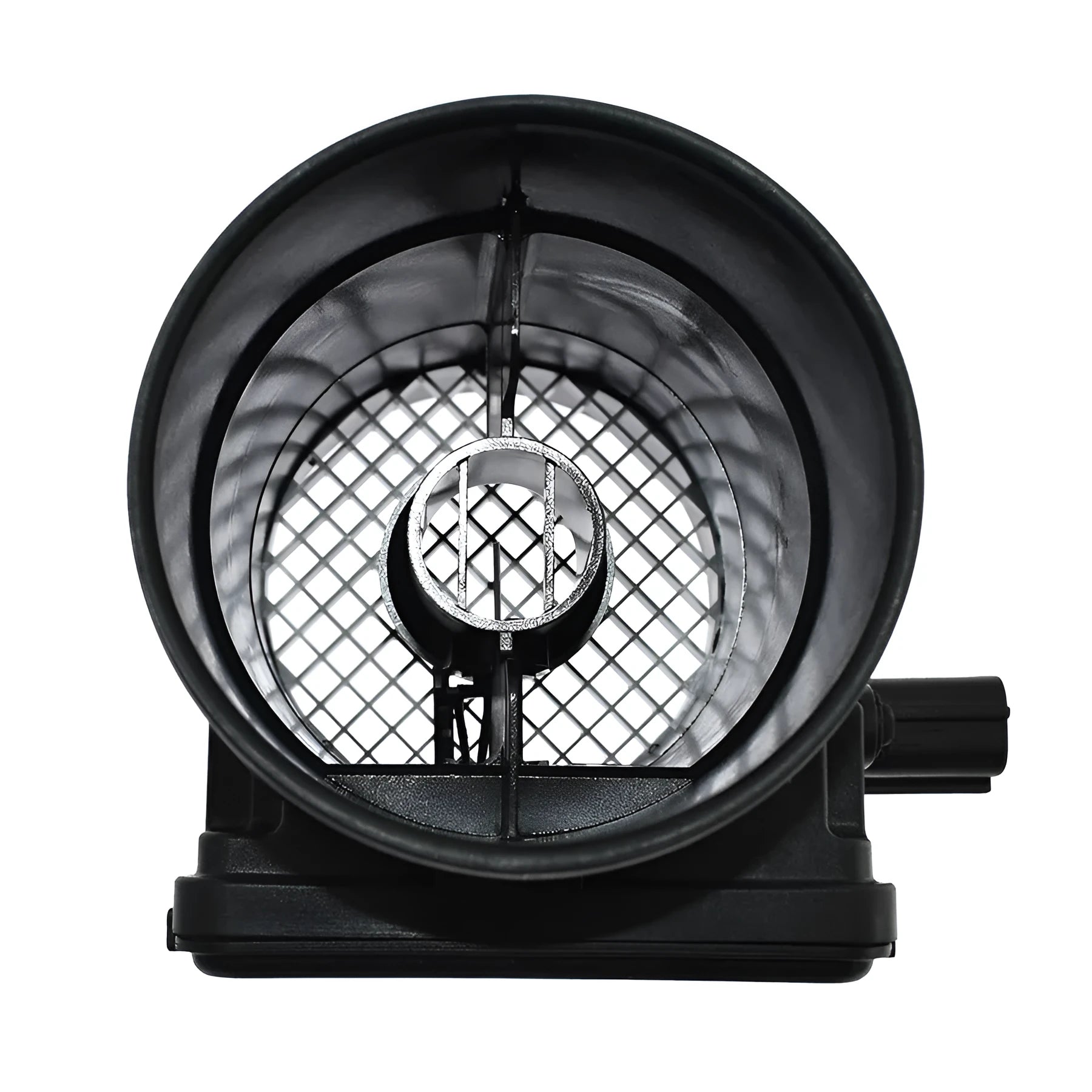 Black plastic automotive air flow meter with standard specifications for engine intake measurement