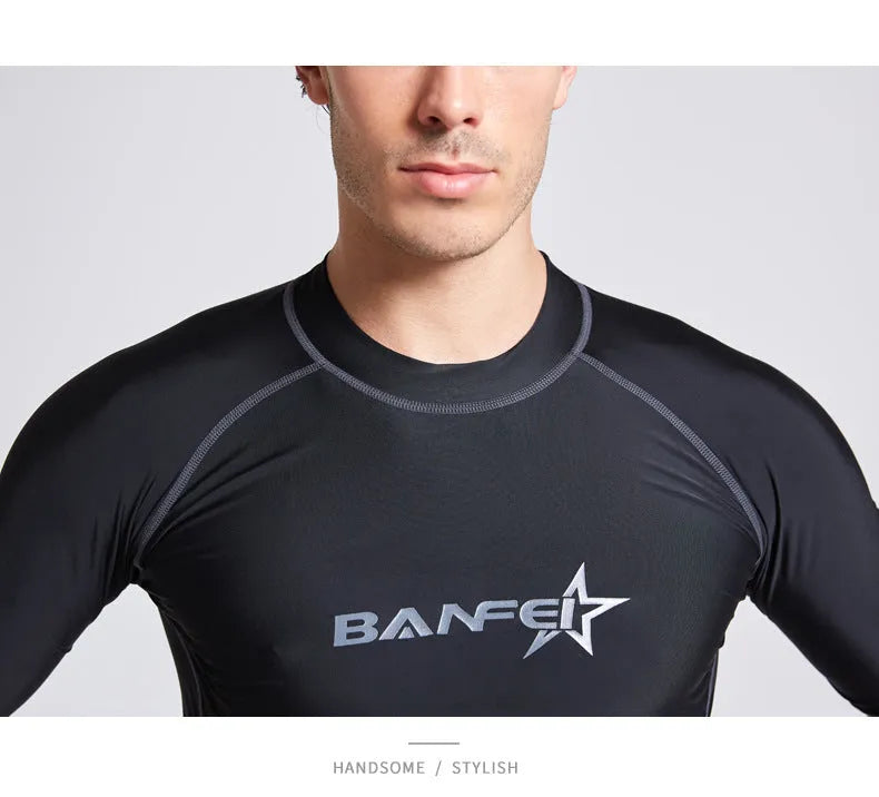 Men's quick-drying half sleeve swim top and pant set in nylon fabric on a white background.