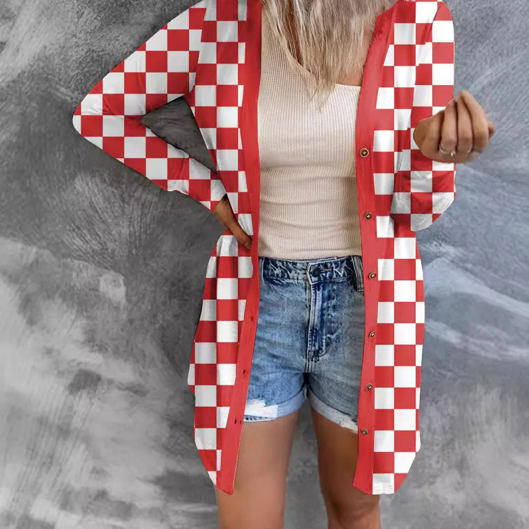 Women's long plaid knitted cardigan coat in polyester available in multiple colours and sizes