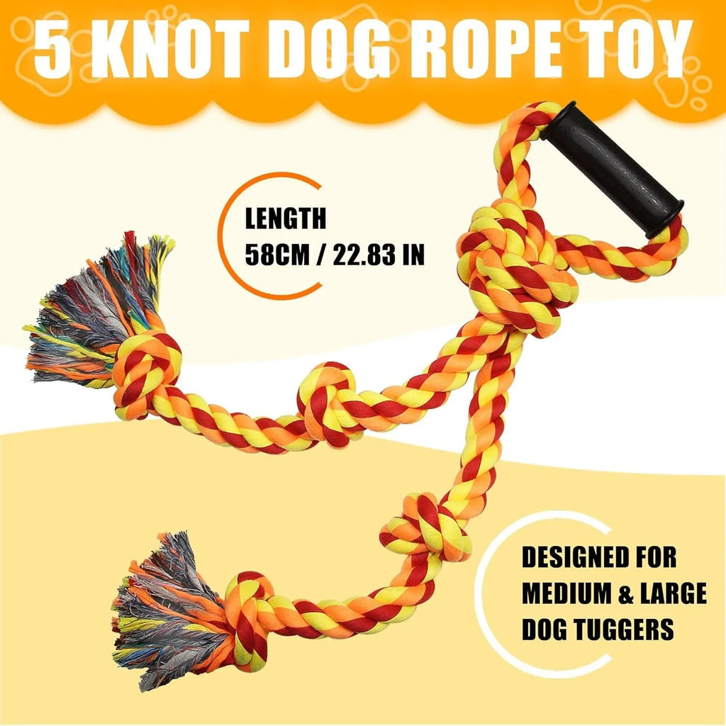 Blue and yellow cotton rope dog tug toy for large breed aggressive chewers with ergonomic handle